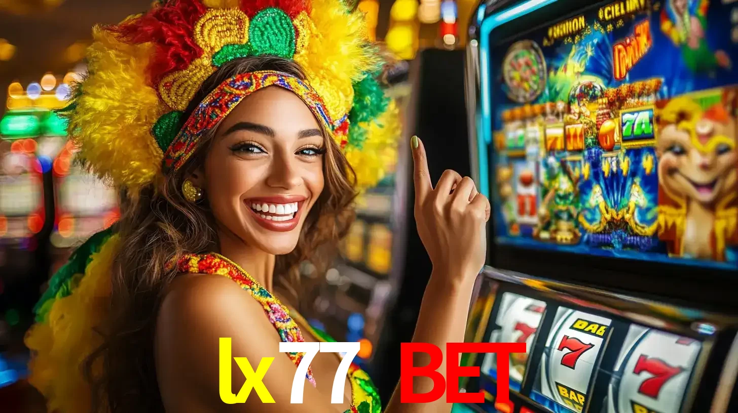 Mulher animada com um cocar de carnaval apontando para uma máquina de caça-níqueis, mostrando a emoção de ganhar um grande prêmio nos jogos do lx77 bet.