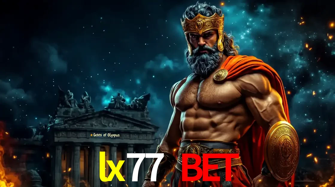 O poderoso Zeus do jogo de slot Gates of Olympus em frente ao seu templo, pronto para lançar multiplicadores divinos e prêmios épicos no cassino online lx77 bet.