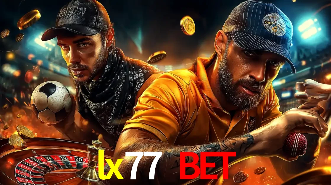 Montagem de apostas esportivas e cassino no lx77 bet, com um homem segurando uma bola de futebol e outro uma de beisebol sobre uma roleta e moedas voadoras.