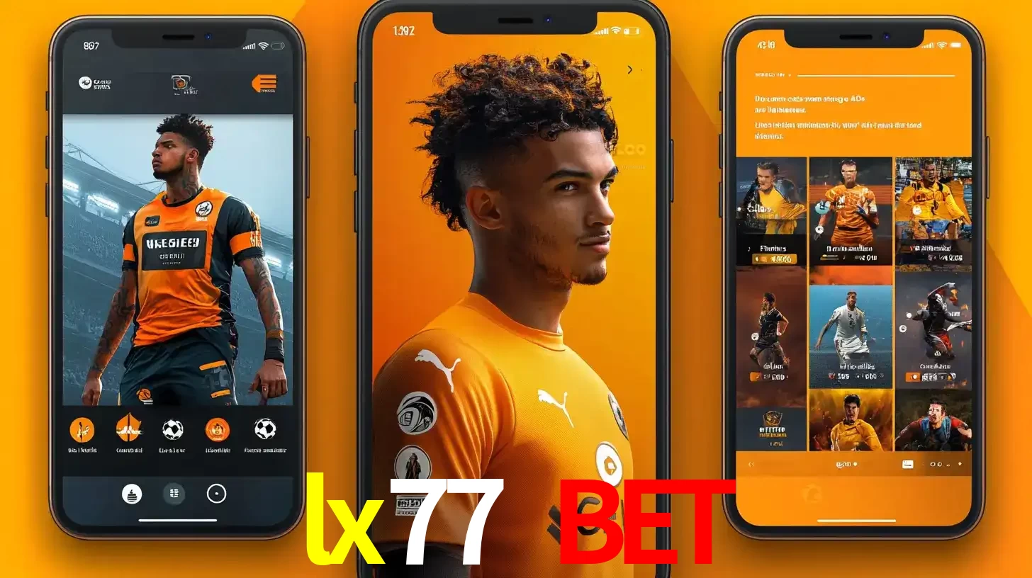 Interface do aplicativo de apostas esportivas lx77 bet em três telas de celular, mostrando o perfil de um jogador de futebol e a lista de jogos disponíveis para apostar.