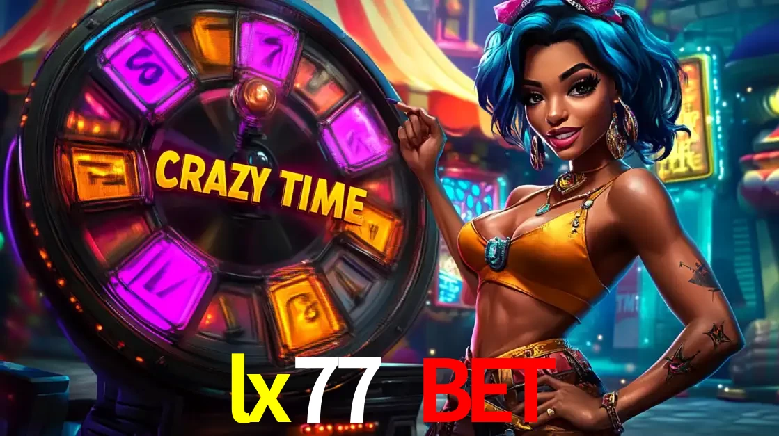 Mulher estilizada com cabelo azul e visual vibrante posando ao lado da roda de prêmios do game show Crazy Time, convidando para a diversão e os bônus do cassino lx77 bet.