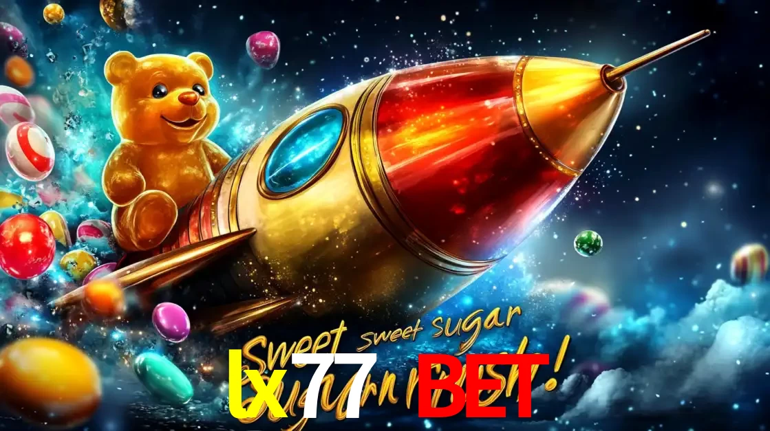 Arte promocional do jogo de slot Sugar Rush, com um urso de pelúcia em um foguete viajando pelo espaço de doces, um dos jogos divertidos disponíveis no cassino lx77 bet.