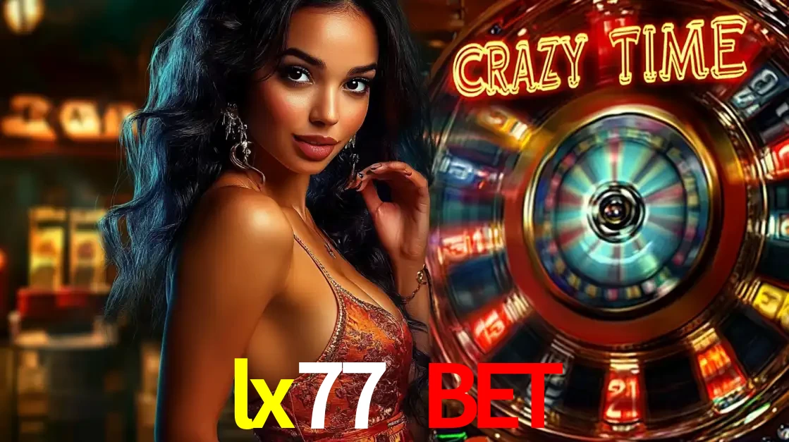 Mulher elegante ao lado da vibrante roda da fortuna do jogo de cassino ao vivo Crazy Time, um dos game shows mais populares e cheios de prêmios do lx77 bet.