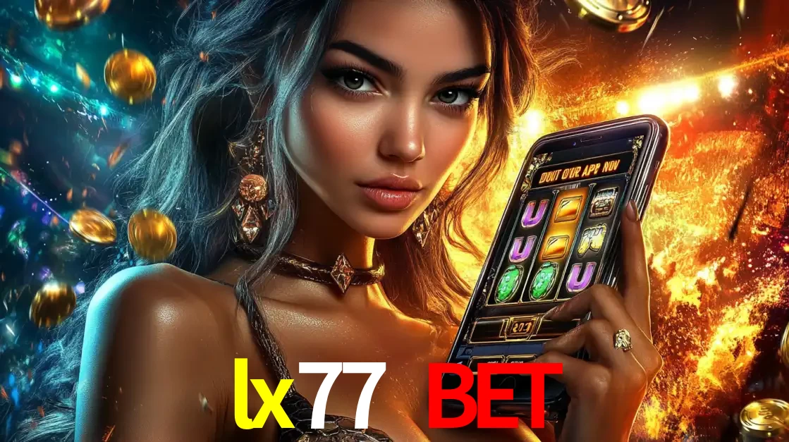 Mulher elegante mostrando um jogo de caça-níqueis em seu smartphone, destacando a experiência de cassino móvel oferecida pelo aplicativo lx77 bet.