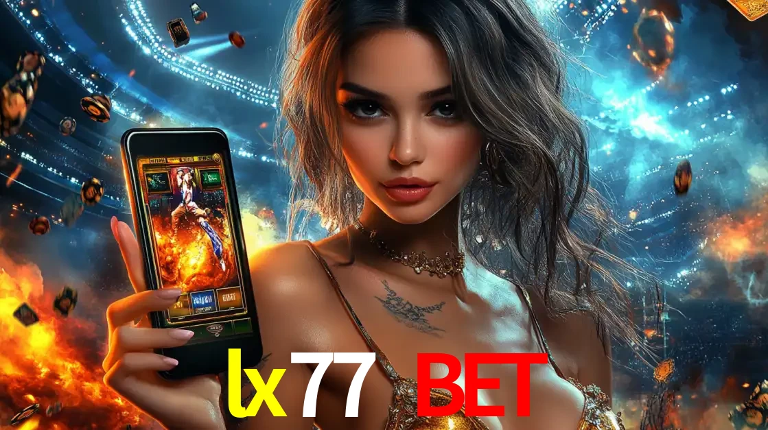 Mulher segurando um celular com um jogo de slot em destaque, tendo como fundo um estádio vibrante, simbolizando a emoção de jogar no cassino móvel lx77 bet.